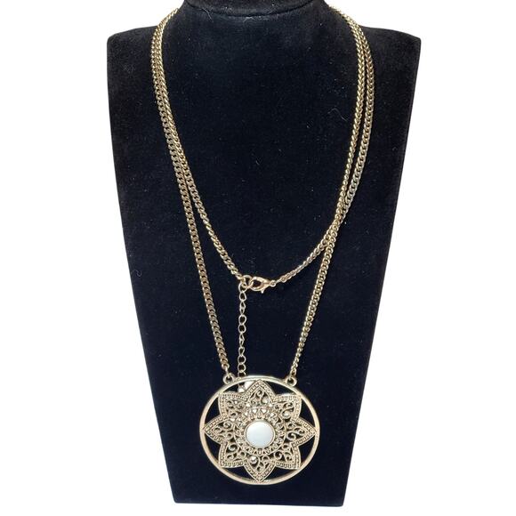 Boho Bohemian Star Clear Rhinestones White Cabochon Necklace Gold Tone 32" - Picture 1 of 4